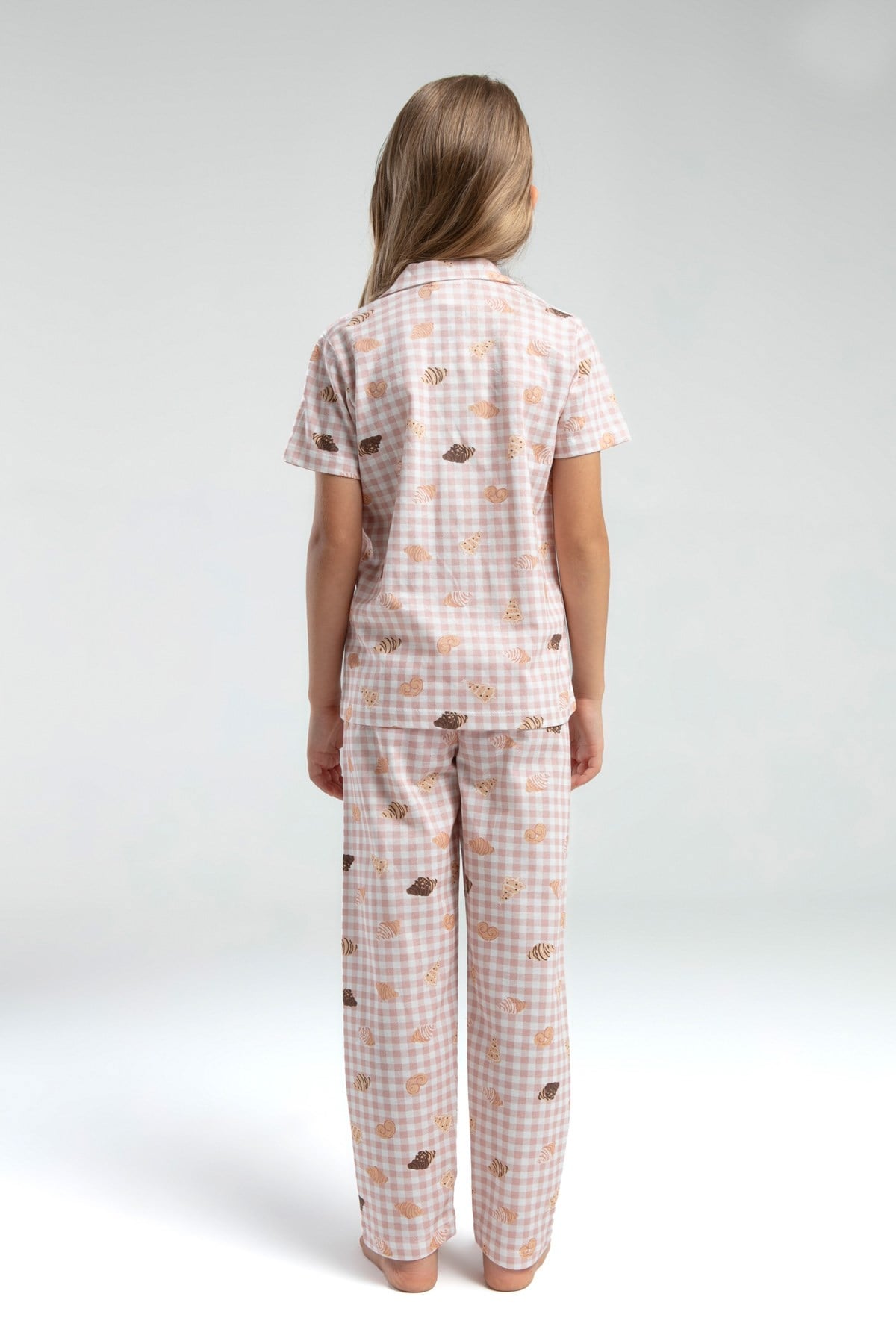 Rolypoly Kız Çocuk Kruvasan Baskı Düğmeli Pijama  Takımı  8-15  Yaş PUDRA
