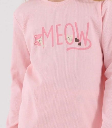 Rolypoly Kız Çocuk Meow Kedi Baskılı Uzun Kollu Pijama Takımı AÇIK PEMBE