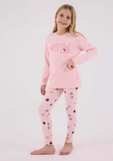 Rolypoly Kız Çocuk Meow Kedi Baskılı Uzun Kollu Pijama Takımı AÇIK PEMBE