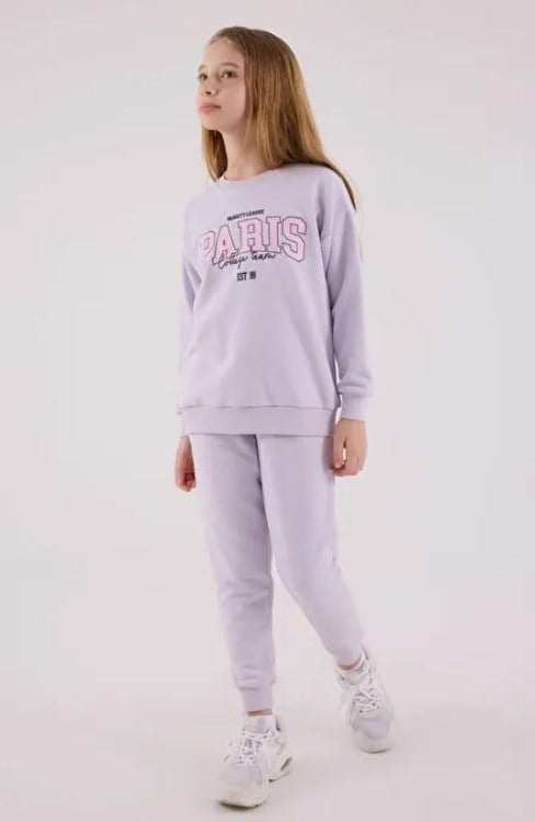 Rolypoly Kız Çocuk Paris Baskılı Bisiklet Yaka Sweatshirt ve Eşofman Altı İkili Takım 2-8 Yaş LİLA