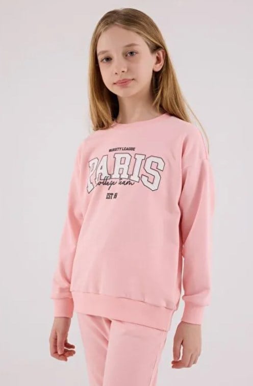 Rolypoly Kız Çocuk Paris Baskılı Bisiklet Yaka Sweatshirt ve Eşofman Altı İkili Takım 2-8 Yaş AÇIK PEMBE