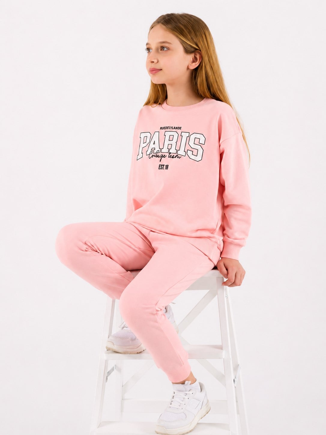 Rolypoly Kız Çocuk Paris Baskılı Bisiklet Yaka Sweatshirt ve Eşofman Altı İkili Takım 2-8 Yaş AÇIK PEMBE