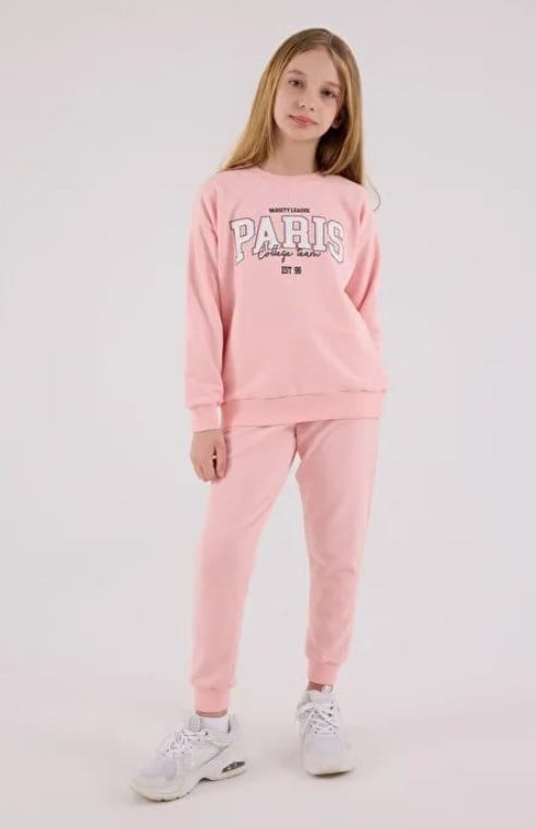 Rolypoly Kız Çocuk Paris Baskılı Bisiklet Yaka Sweatshirt ve Eşofman Altı İkili Takım 2-8 Yaş AÇIK PEMBE