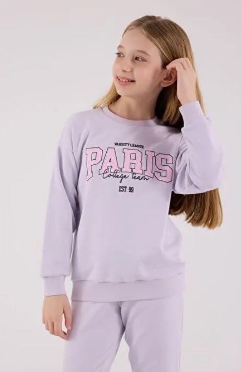 Rolypoly Kız Çocuk Paris Baskılı Bisiklet Yaka Sweatshirt ve Eşofman Altı İkili Takım 2-8 Yaş LİLA