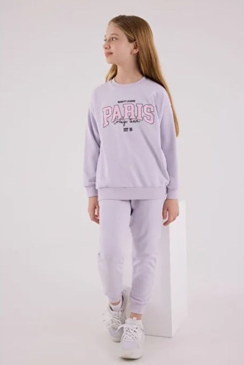 Rolypoly Kız Çocuk Paris Baskılı Bisiklet Yaka Sweatshirt ve Eşofman Altı İkili Takım 2-8 Yaş LİLA