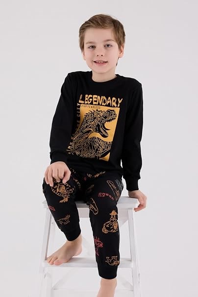 RolyPoly Legendary Dinazor Desenli Erkek Çocuk Uzun Kol Pijama 8-15 Yaş LACİVERT