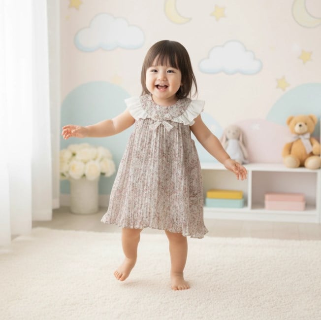 Sweet Me Kız Bebek Çiçek Baskılı Pileli Elbise 9-24 Ay GÜL KURUSU