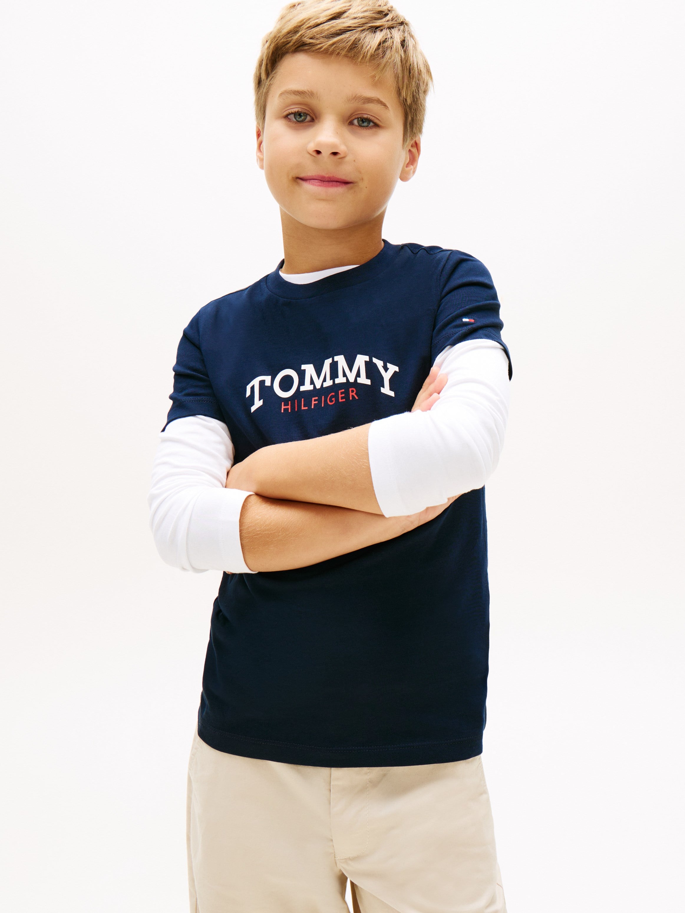 Tommy Hilfiger Çocuk  Bisiklet Yaka Logo Baskılı Tişört 4-16 Yaş LACİVERT