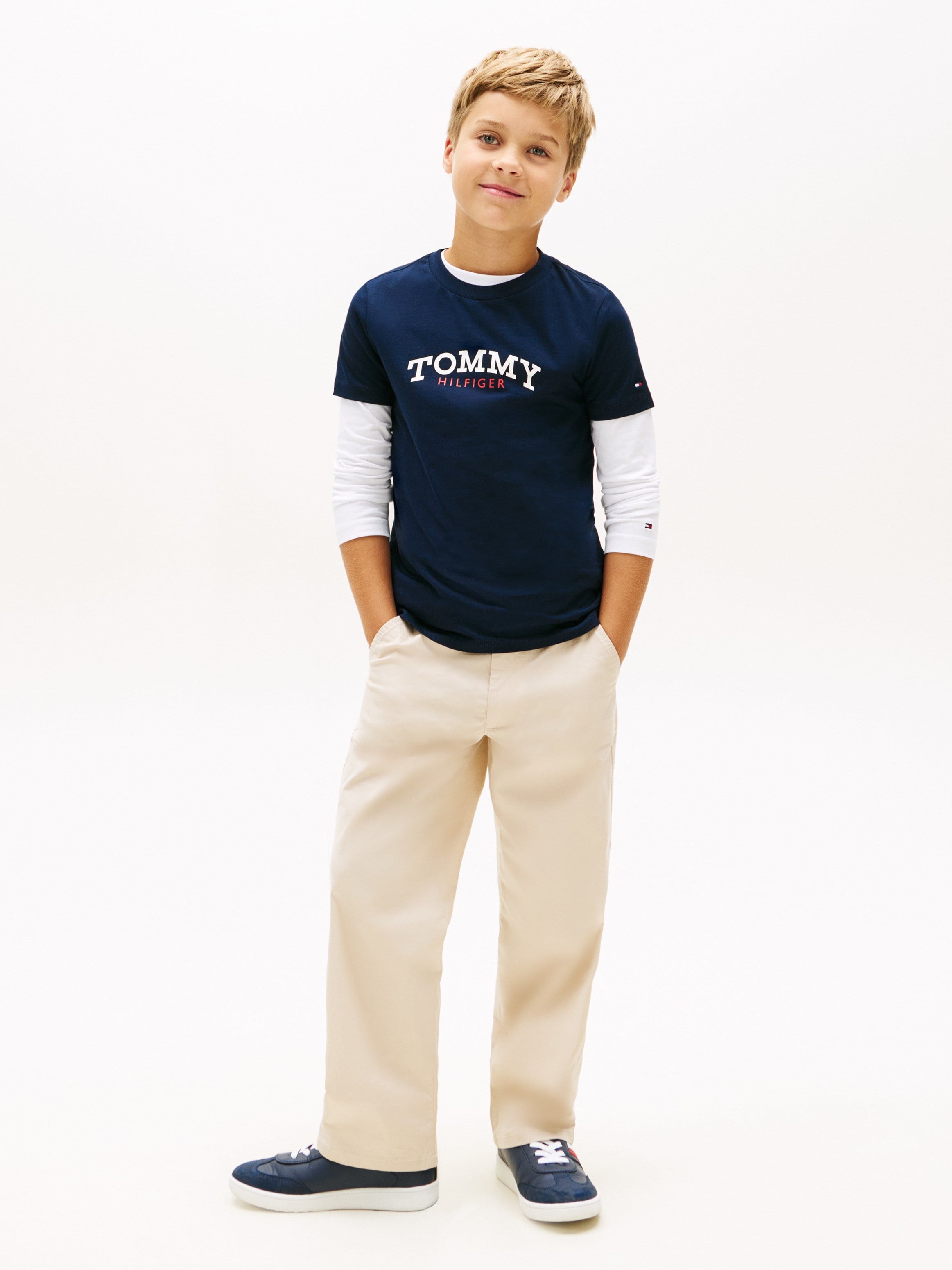 Tommy Hilfiger Çocuk  Bisiklet Yaka Logo Baskılı Tişört 4-16 Yaş LACİVERT