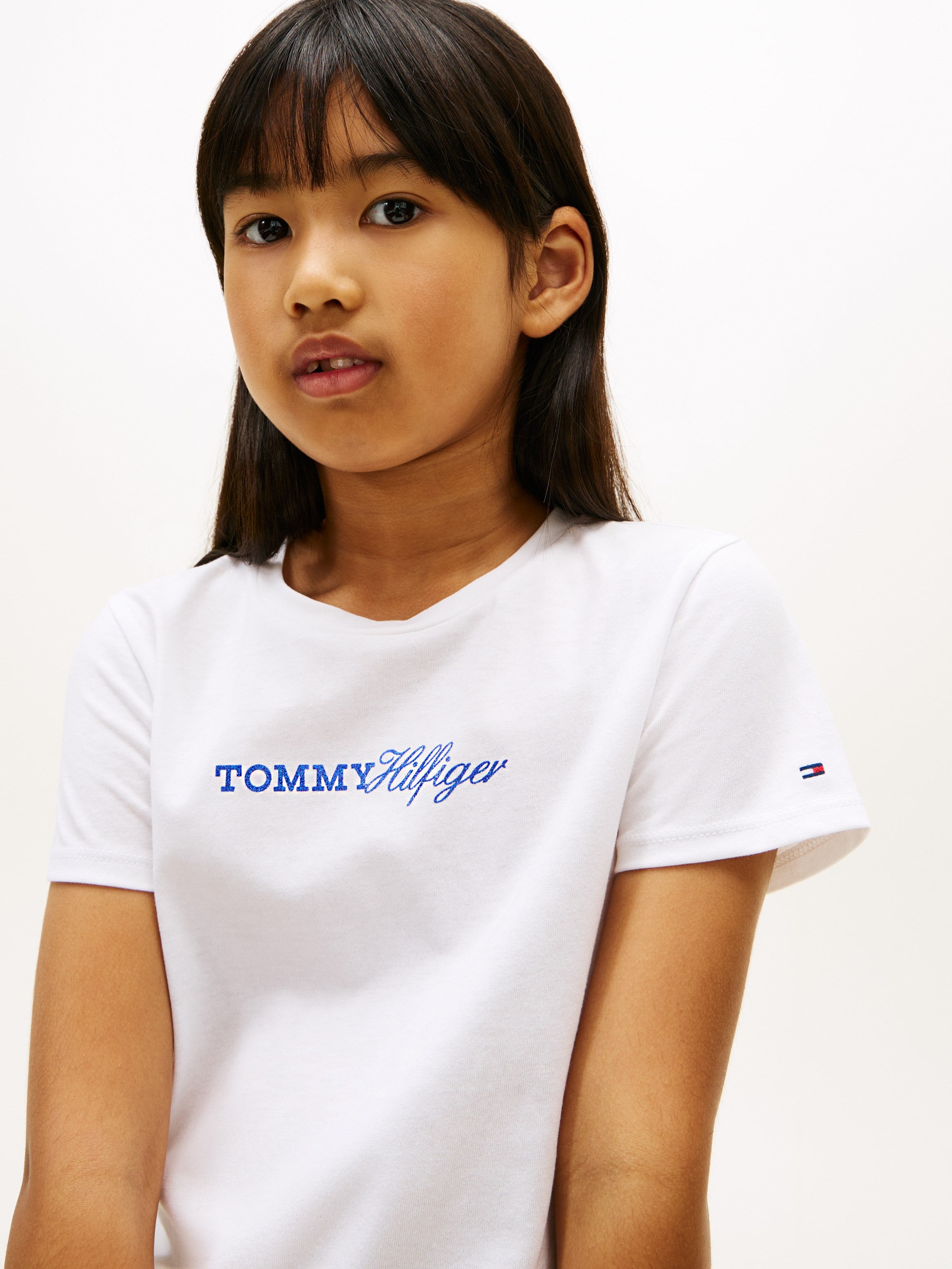 Tommy HilfigerKız Çocuk  Bisiklet Yaka Logo Baskılı Pamuklu T-shirt 4-16 Yaş BEYAZ