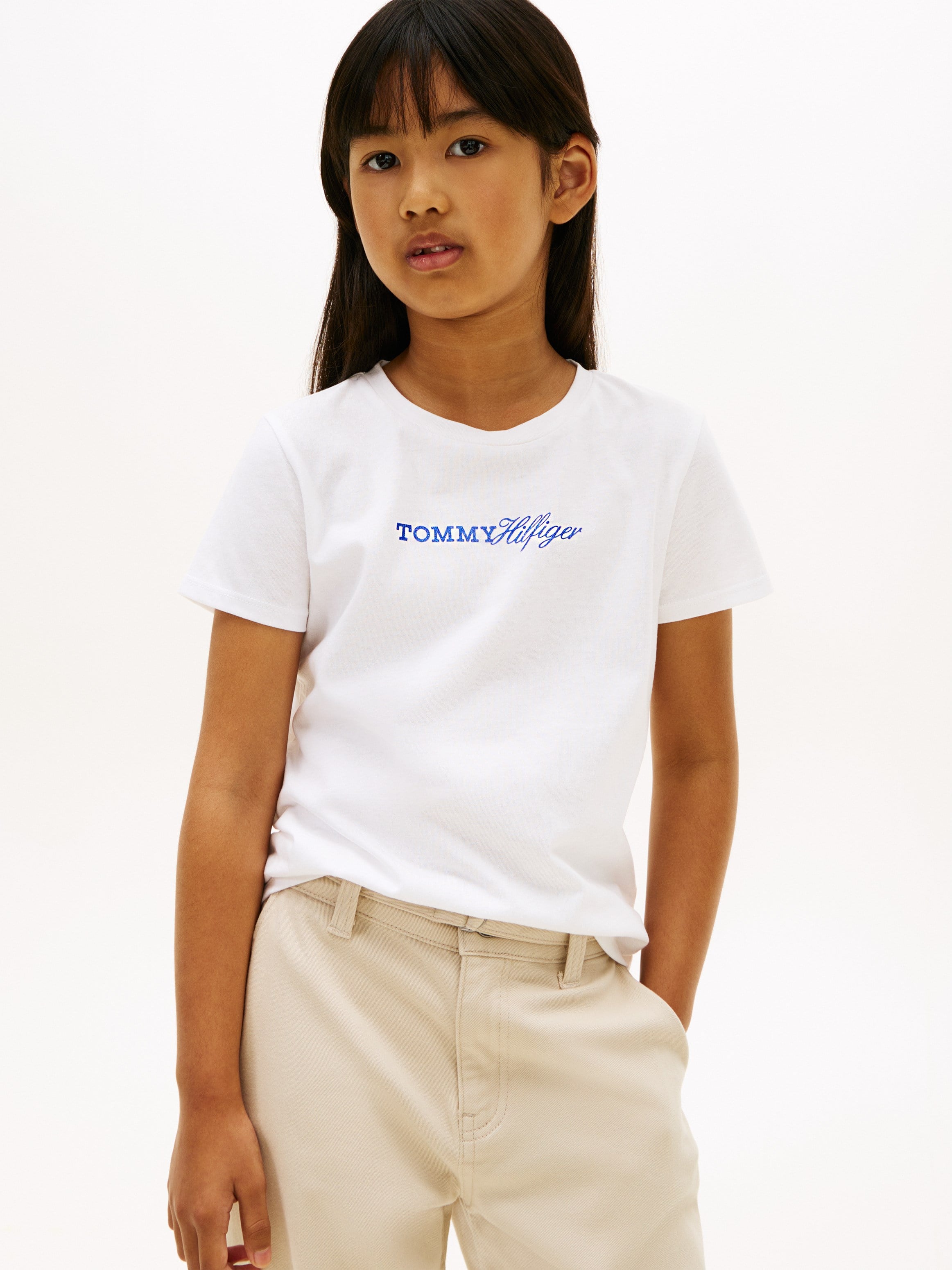 Tommy HilfigerKız Çocuk  Bisiklet Yaka Logo Baskılı Pamuklu T-shirt 4-16 Yaş BEYAZ