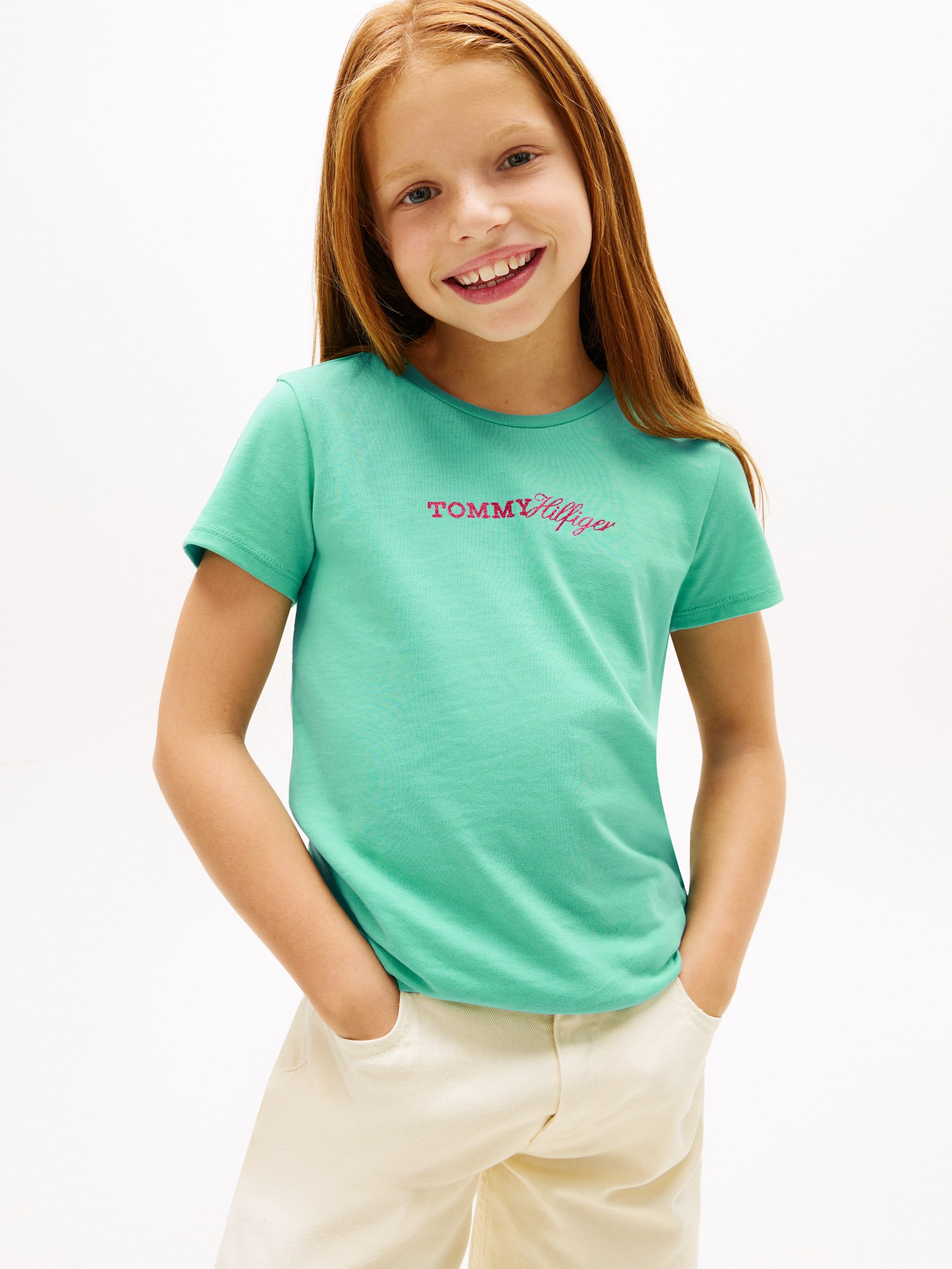 Tommy HilfigerKız Çocuk  Bisiklet Yaka Logo Baskılı Pamuklu T-shirt 4-16 Yaş YEŞİL