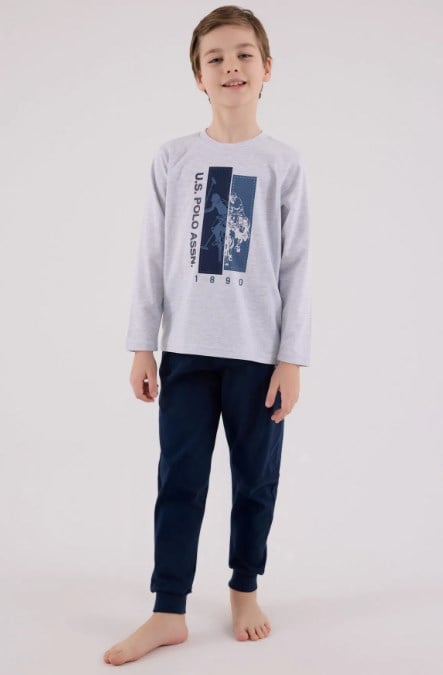U.s Polo Assn Erkek Çocuk Uzun Kollu Şerit Detaylı Pijama Takımı 4-8 Yaş KAR MELANJ