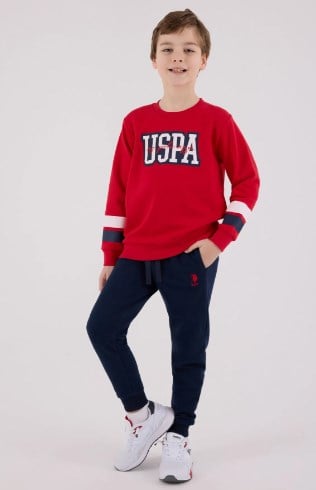U.s Polo Assn Erkek Çocuk Bisiklet Yaka Kolları Şerit Detaylı Eşofman Takımı 9-15 Yaş KIRMIZI