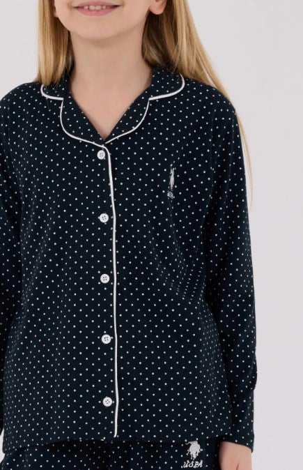 U.s Polo Assn Kız Çocuk Puantiyeli  Düğmeli  Pijama Takımı 4-8 Yaş LACİVERT