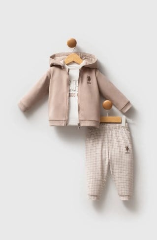 U.s Polo Assn Erkek Bebek Kapüşonlu Fermuarlı 3'Lü Takım 6-36 Ay KUM