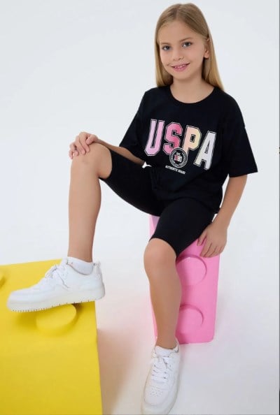 U.s Polo Assn Kız Çocuk Renkli Uspa Baskılı Tşört Şortlu Takım 4-8 Yaş SİYAH