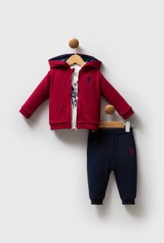 U.s Polo Assn Erkek Bebek Kapüşonlu Fermuarlı Lastikli Bel 3'Lü Takım 6-36 Ay BORDO