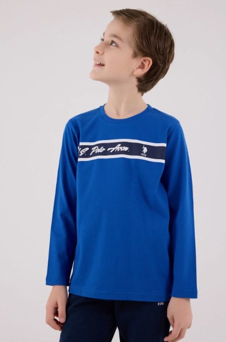 U.s Polo Assn Erkek Çocuk Uzun Kollu Şerit Baskılı Pijama Takımı 4-8 Yaş COBALT