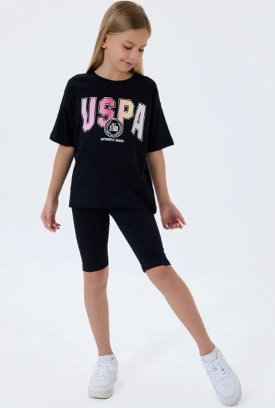 U.s Polo Assn Kız Çocuk Renkli Uspa Baskılı Tşört Şortlu Takım 4-8 Yaş SİYAH