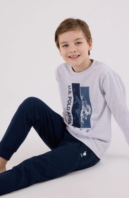 U.s Polo Assn Erkek Çocuk Uzun Kollu Şerit Detaylı Pijama Takımı 4-8 Yaş KAR MELANJ