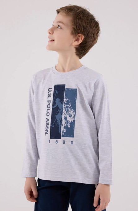 U.s Polo Assn Erkek Çocuk Uzun Kollu Şerit Detaylı Pijama Takımı 4-8 Yaş KAR MELANJ