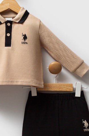 U.s Polo Assn Erkek Bebek Düğmeli Yaka Lastikli Alt 2'Li Takım 1-3 Yaş BEJ