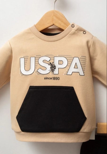 U.s Polo Assn Erkek Bebek Uzun Kollu Uspa Yazı Baskılı Takım 1-3 Yaş BEJ