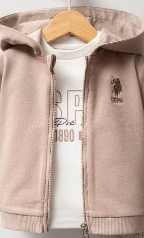U.s Polo Assn Erkek Bebek Kapüşonlu Fermuarlı 3'Lü Takım 6-36 Ay KUM