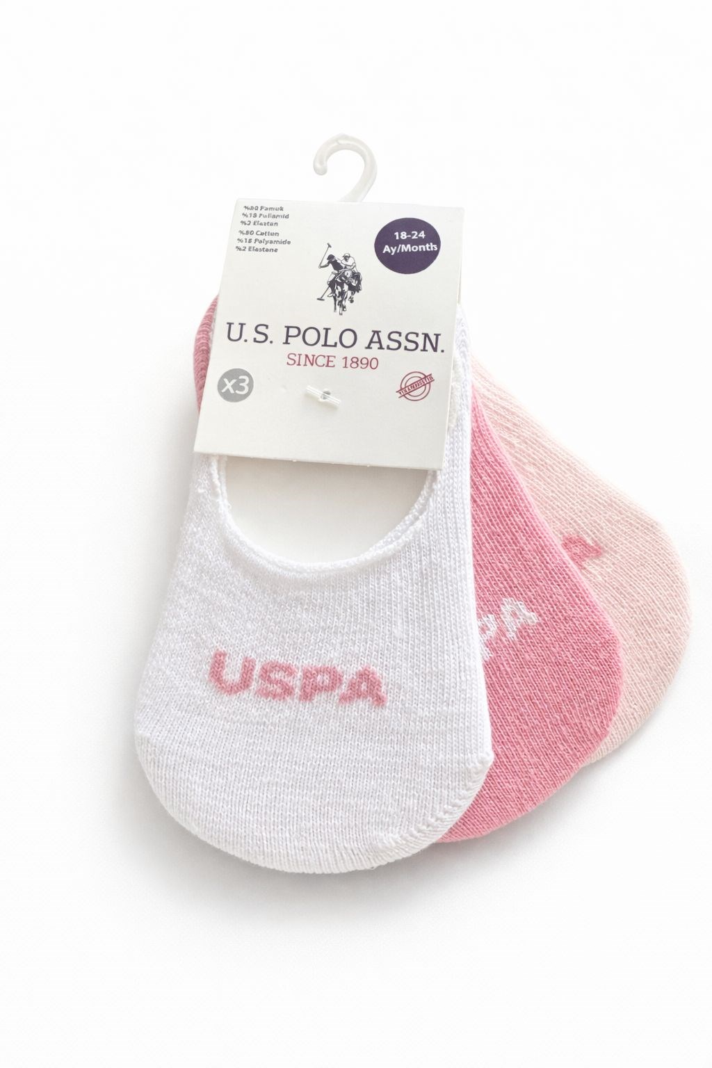 U.s Polo Assn Kız Bebek Düşük Bilekli Logo Baskılı Pamuklu Babet Çorap 6-36 Ay BEYAZ - PEMBE