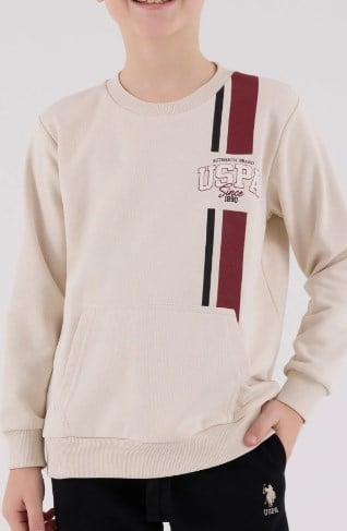 U.s Polo Asnn.Erkek Çocuk Çizgi Detaylı Sweatshirt Ve Eşofman takımı 9-15 Yaş BEJ