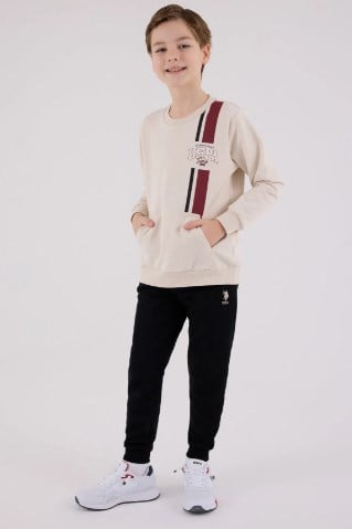 U.s Polo Asnn.Erkek Çocuk Çizgi Detaylı Sweatshirt Ve Eşofman takımı 9-15 Yaş BEJ