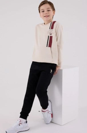 U.s Polo Asnn.Erkek Çocuk Çizgi Detaylı Sweatshirt Ve Eşofman takımı 9-15 Yaş BEJ
