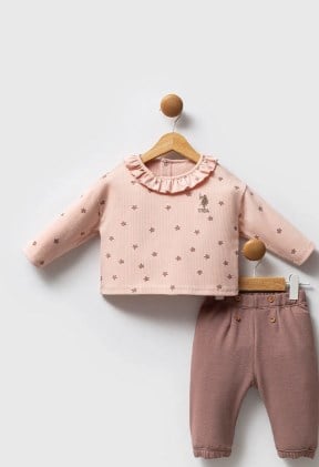 U.s Polo Assn. Kız Bebek Fırfır Yaka Detaylı Uzun Kollu 2'Li Takım 6-36 Ay PUDRA