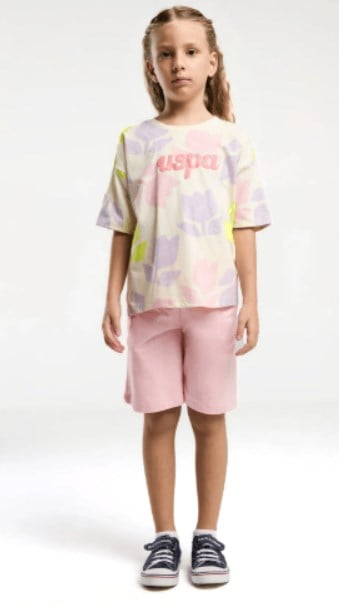 U.s Polo Assn.Kız Çocuk Lale Desenli Kısa Kollu Tişört Ve  Şorttan Oluşan Takım 4-8 Yaş LİMON