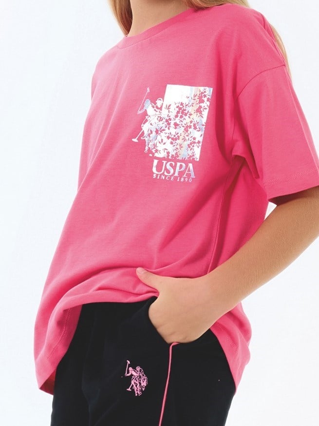 U.s Polo Assn. Kız Çocuk  Parlak Baskılı Şortlu Yazlık Takım 4-8 Yaş PEMBE