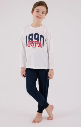 U.s Polo Assn. Erkek Çocuk Uspa Yazı Baskılı Uzun Kollu Pijama Takımı 8-15 Yaş BEYAZ