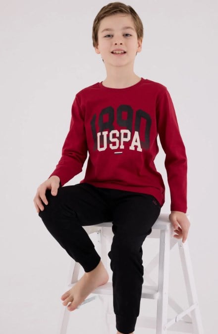 U.s Polo Assn. Erkek Çocuk Uspa Yazı Baskılı Uzun Kollu Pijama Takımı BORDO