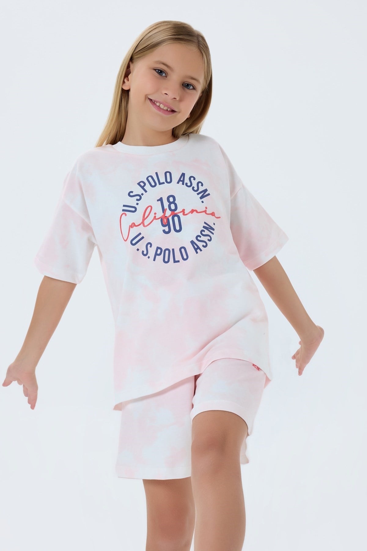 U.s Polo Assn.Kız Çocuk  Yazı Detaylı Tişört Şortlu Takım 4-8 Yaş CORAL