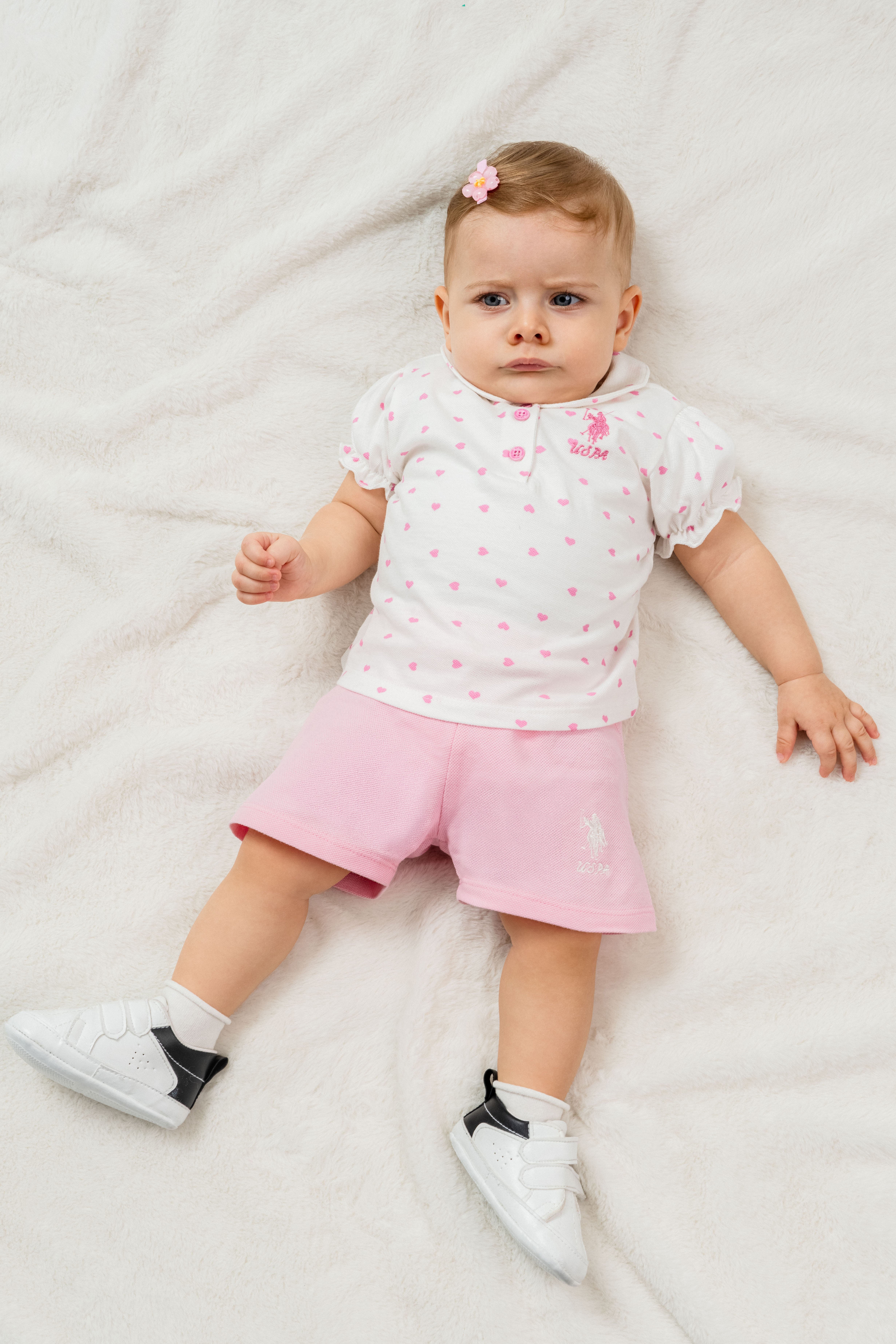 U.s Polo Assn. Kız Bebek Polo Yaka Kalp Desenli Şortlu Takım 6-36 Ay EKRU