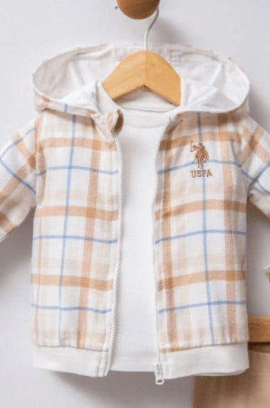 U.s Polo Assn. Kız Bebek Kapüşonlu Ekose Desenli Ceketten Oluşan  3'Lü Takım 6-36 Ay BEYAZ