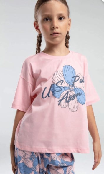 U.s Polo Assn. Kız Çocuk Çiçek Ve Yazı Baskı Detayı Desenli Uzun Alt Pijama Takımı 4-8 Yaş SOMON