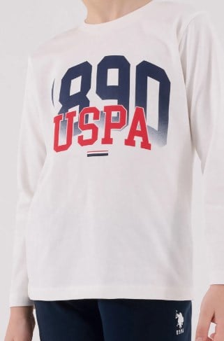 U.s Polo Assn. Erkek Çocuk Uspa Yazı Baskılı Uzun Kollu Pijama Takımı 8-15 Yaş BEYAZ