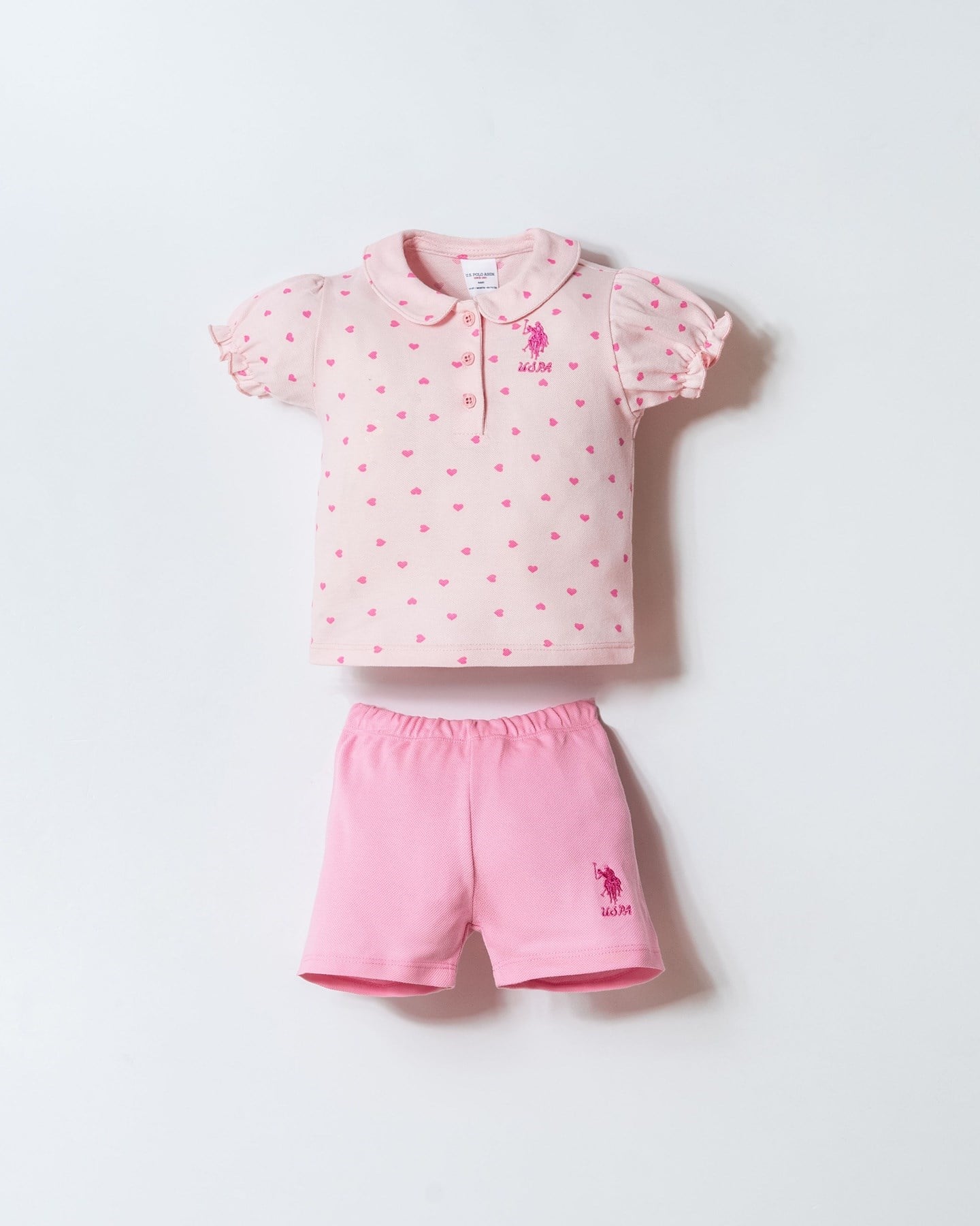 U.s Polo Assn. Kız Bebek Polo Yaka Kalp Desenli Şortlu Takım 6-36 Ay PEMBE