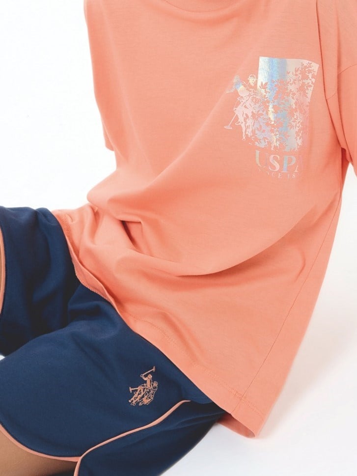U.s Polo Assn. Kız Çocuk  Parlak Baskılı Şortlu Yazlık Takım 4-8 Yaş TURUNCU