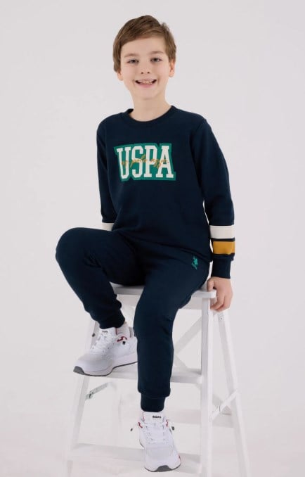 U.s Polo Assn. Erkek Çocuk Logo Baskı Detaylı Beli Lastikli  Eşofman Takımı 4-8 Yaş NAVY