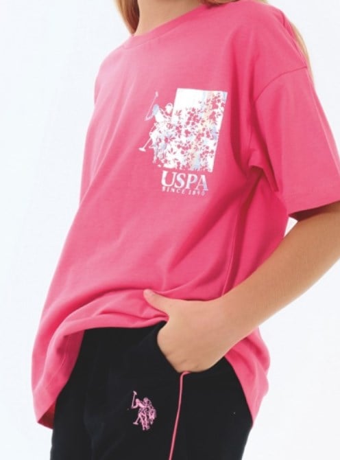 U.s Polo Assn. Kız Çocuk  Kısa Kollu Parlak Baskı Ve Cep Detaylı Takım 9-15 Yaş PEMBE