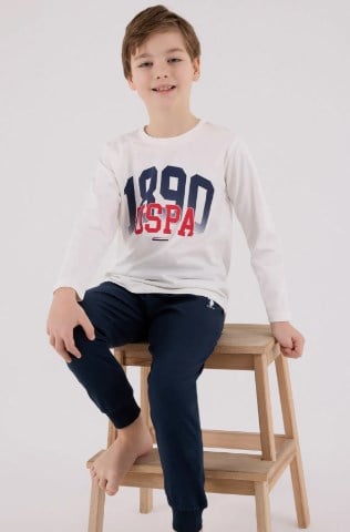 U.s Polo Assn. Erkek Çocuk Uspa Yazı Baskılı Uzun Kollu Pijama Takımı 8-15 Yaş BEYAZ