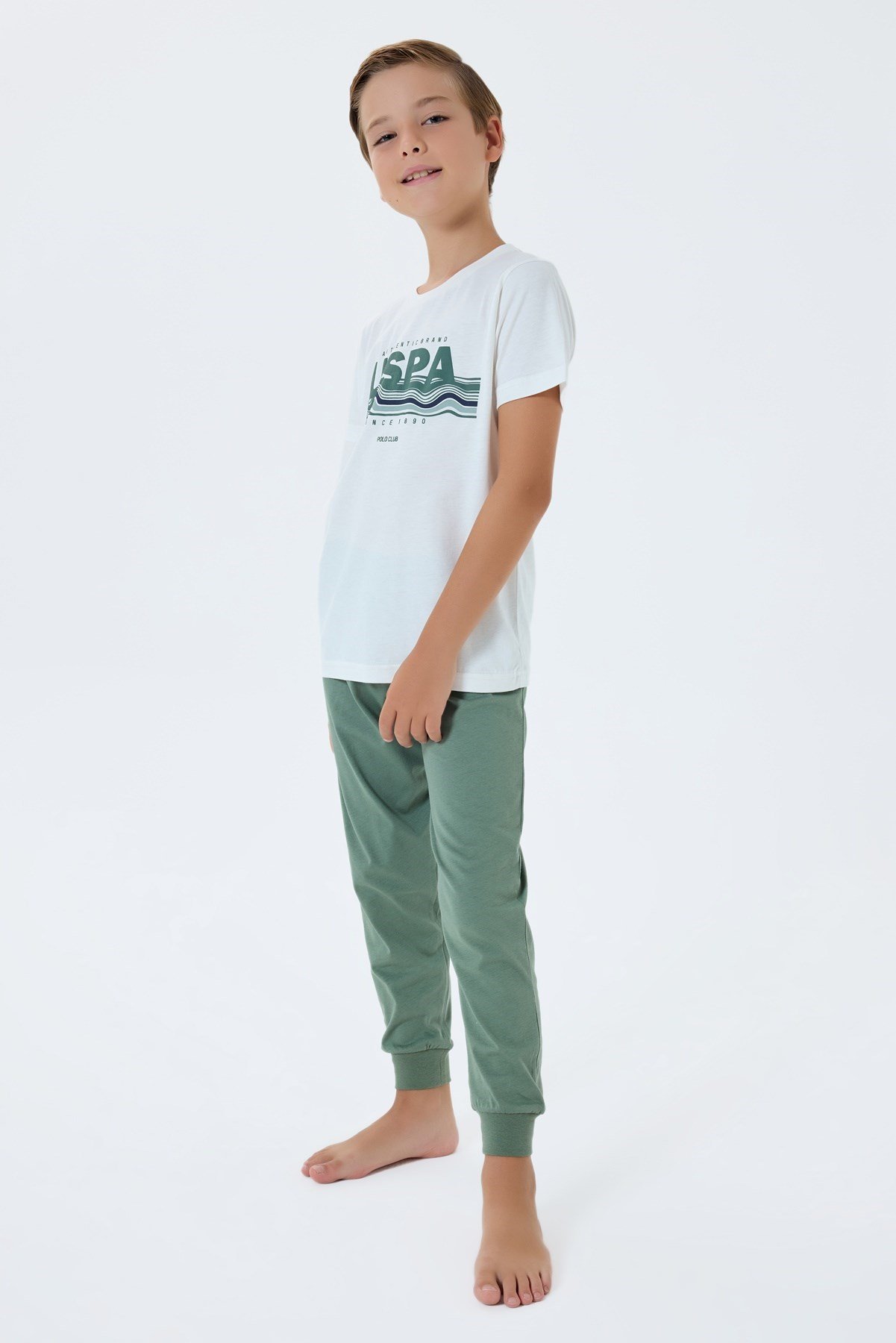 U.s Polo Assn. Erkek Çocuk Kısa Kollu Yazı Detaylı Paça Lastikli Pijama Takımı 4-8 Yaş BEYAZ
