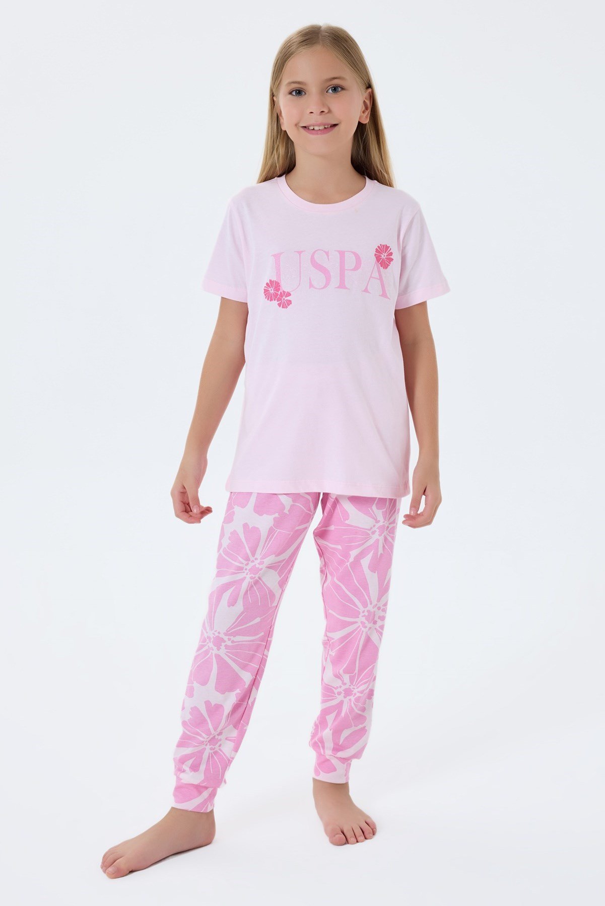 U.s Polo Assn. Kız Çocuk Kısa Kollu Tşört Ve Desenli Pantolon 9-15 Yaş PEMBE